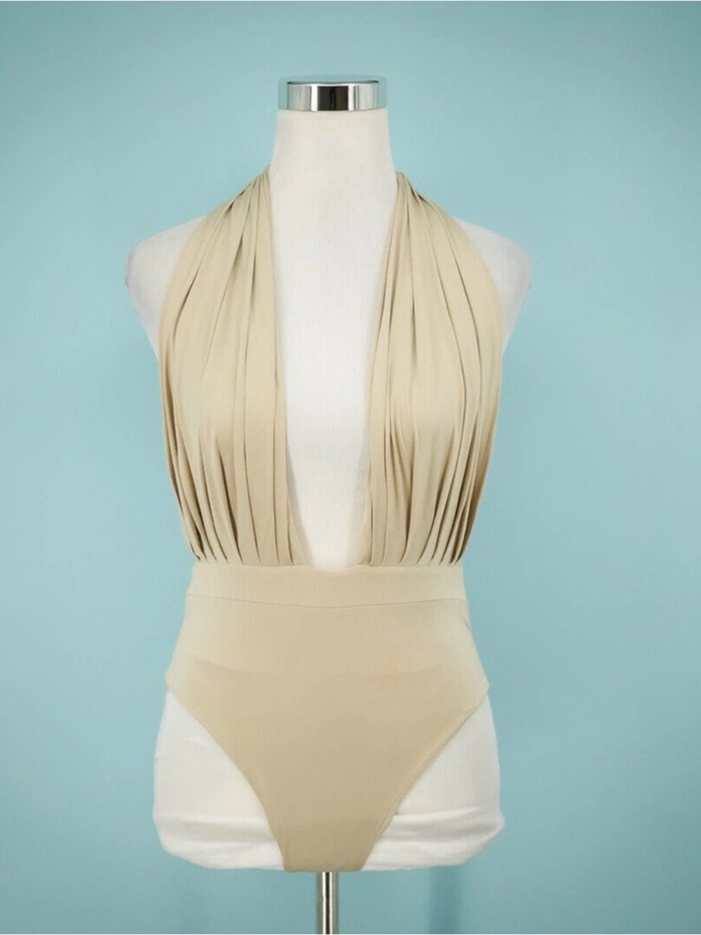 House of CB Size Small S Pascha Halter Neck Tie Pleated Deep V Neck Bodysuit